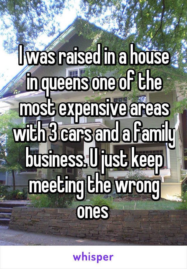 I was raised in a house in queens one of the most expensive areas with 3 cars and a family business. U just keep meeting the wrong ones 