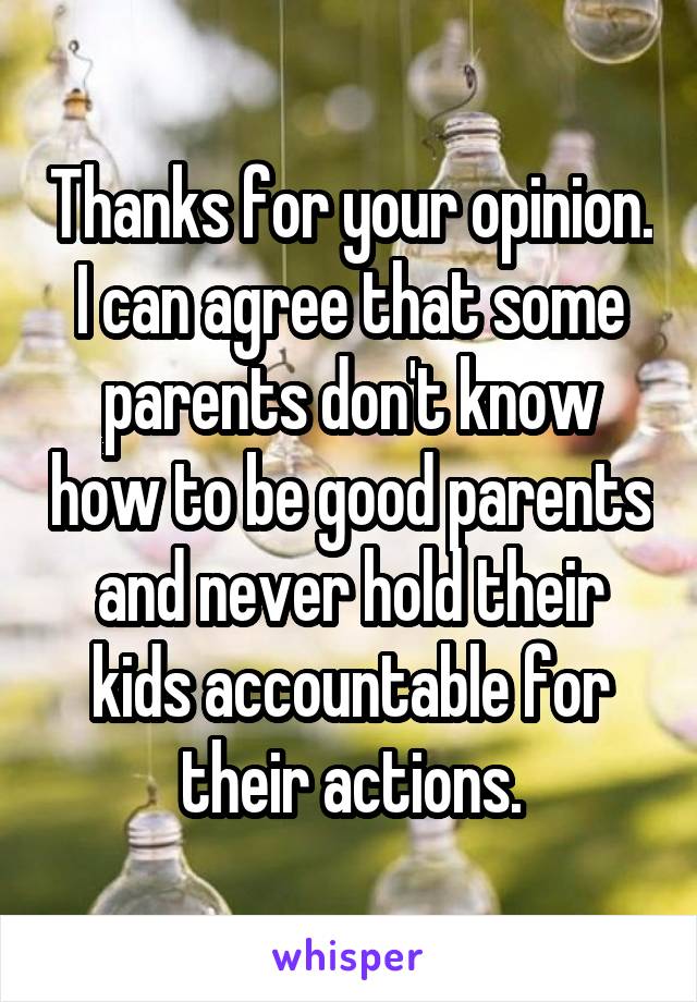 Thanks for your opinion. I can agree that some parents don't know how to be good parents and never hold their kids accountable for their actions.