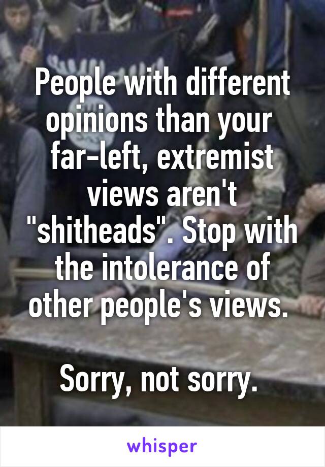 People with different opinions than your 
far-left, extremist views aren't "shitheads". Stop with the intolerance of other people's views. 

Sorry, not sorry. 