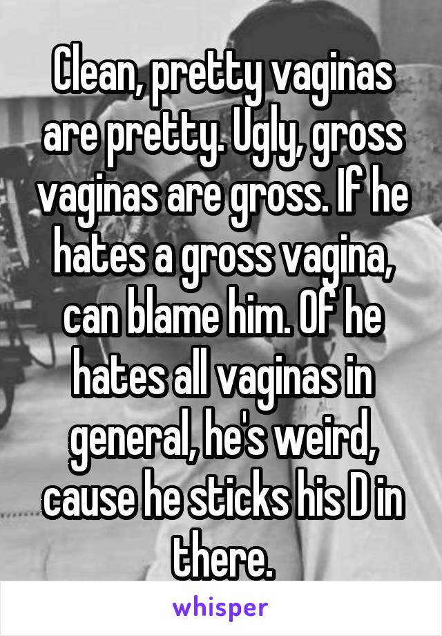 Clean, pretty vaginas are pretty. Ugly, gross vaginas are gross. If he hates a gross vagina, can blame him. Of he hates all vaginas in general, he's weird, cause he sticks his D in there.