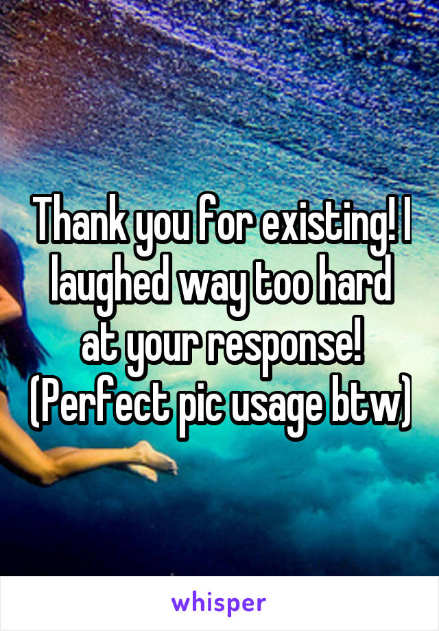 Thank you for existing! I laughed way too hard at your response! (Perfect pic usage btw)
