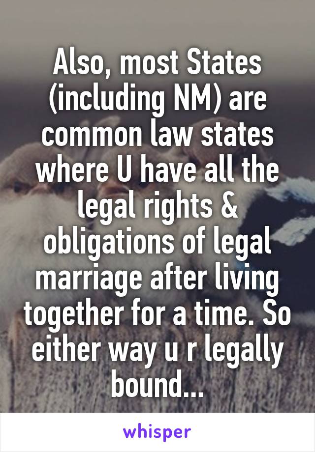 Also, most States (including NM) are common law states where U have all the legal rights & obligations of legal marriage after living together for a time. So either way u r legally bound...