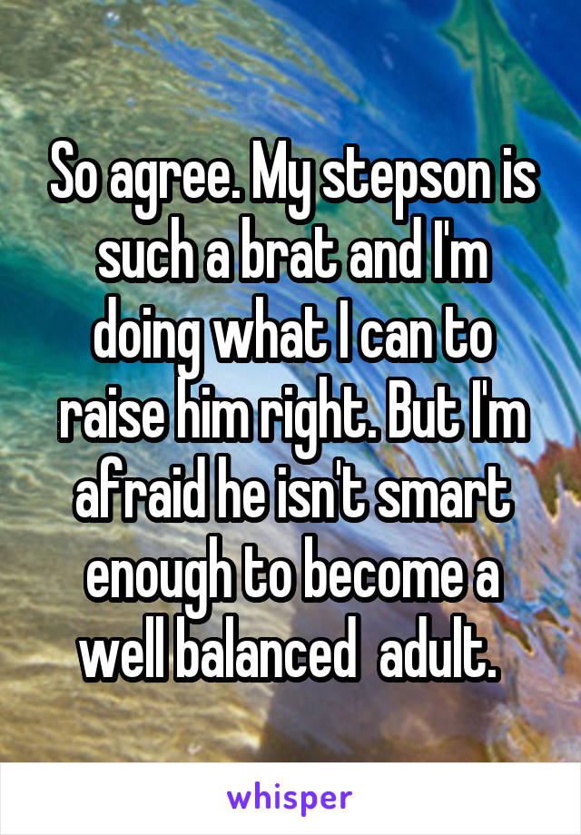 So agree. My stepson is such a brat and I'm doing what I can to raise him right. But I'm afraid he isn't smart enough to become a well balanced  adult. 