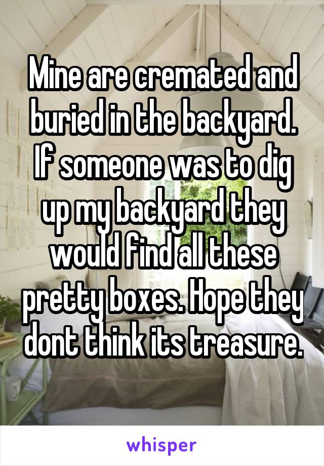 Mine are cremated and buried in the backyard. If someone was to dig up my backyard they would find all these pretty boxes. Hope they dont think its treasure. 