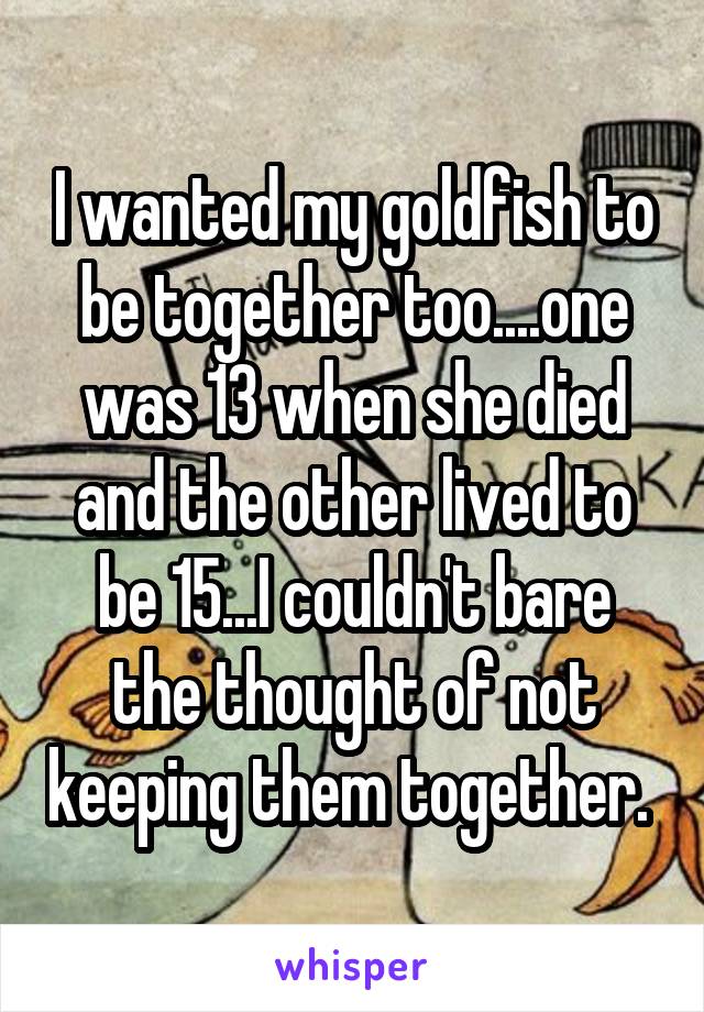 I wanted my goldfish to be together too....one was 13 when she died and the other lived to be 15...I couldn't bare the thought of not keeping them together. 