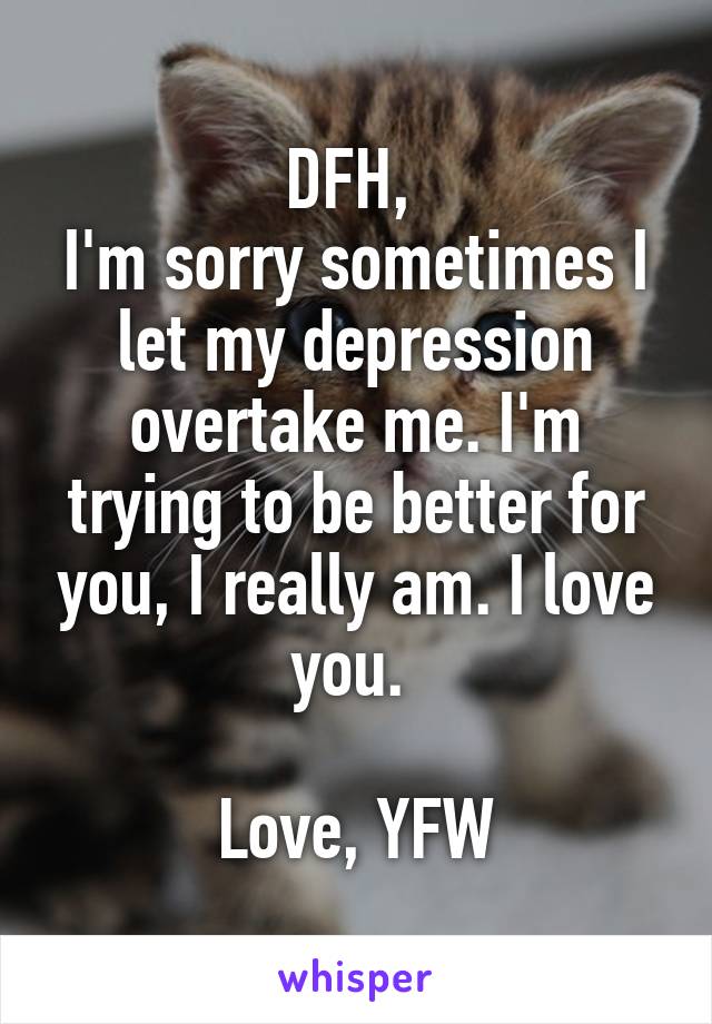 DFH, 
I'm sorry sometimes I let my depression overtake me. I'm trying to be better for you, I really am. I love you. 

Love, YFW