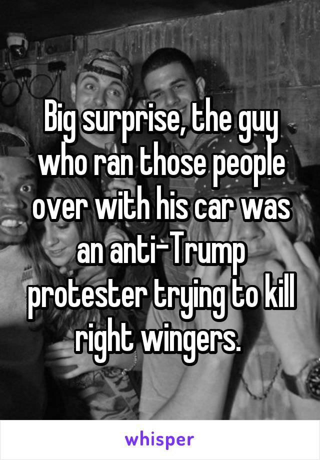 Big surprise, the guy who ran those people over with his car was an anti-Trump protester trying to kill right wingers. 