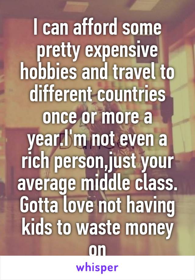 I can afford some pretty expensive hobbies and travel to different countries once or more a year.I'm not even a rich person,just your average middle class. Gotta love not having kids to waste money on