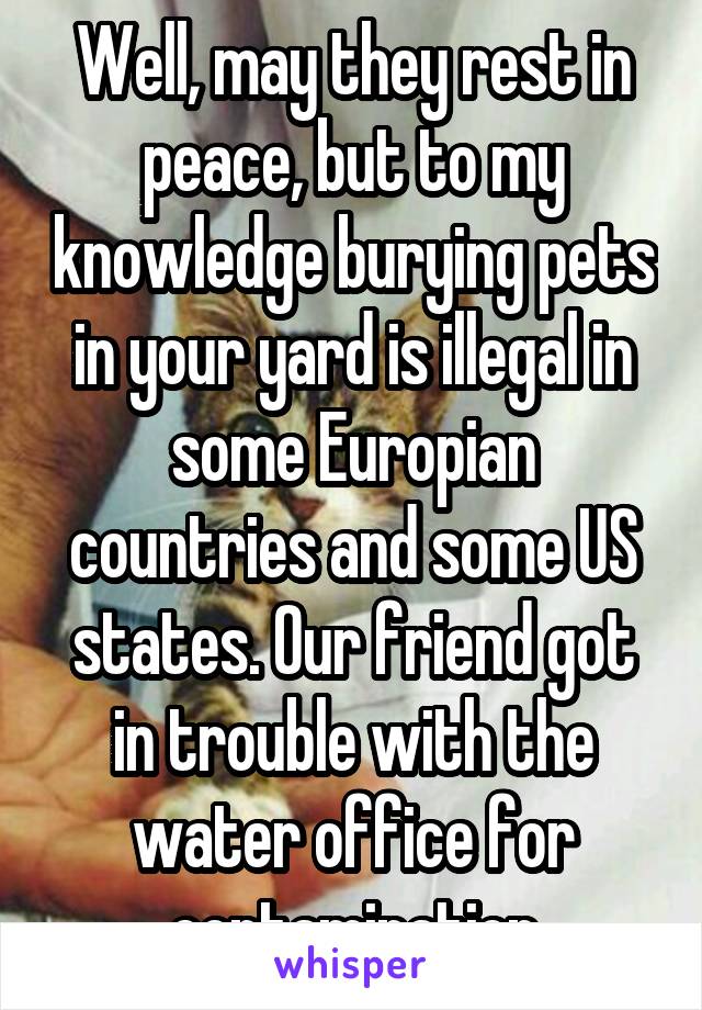 Well, may they rest in peace, but to my knowledge burying pets in your yard is illegal in some Europian countries and some US states. Our friend got in trouble with the water office for contamination