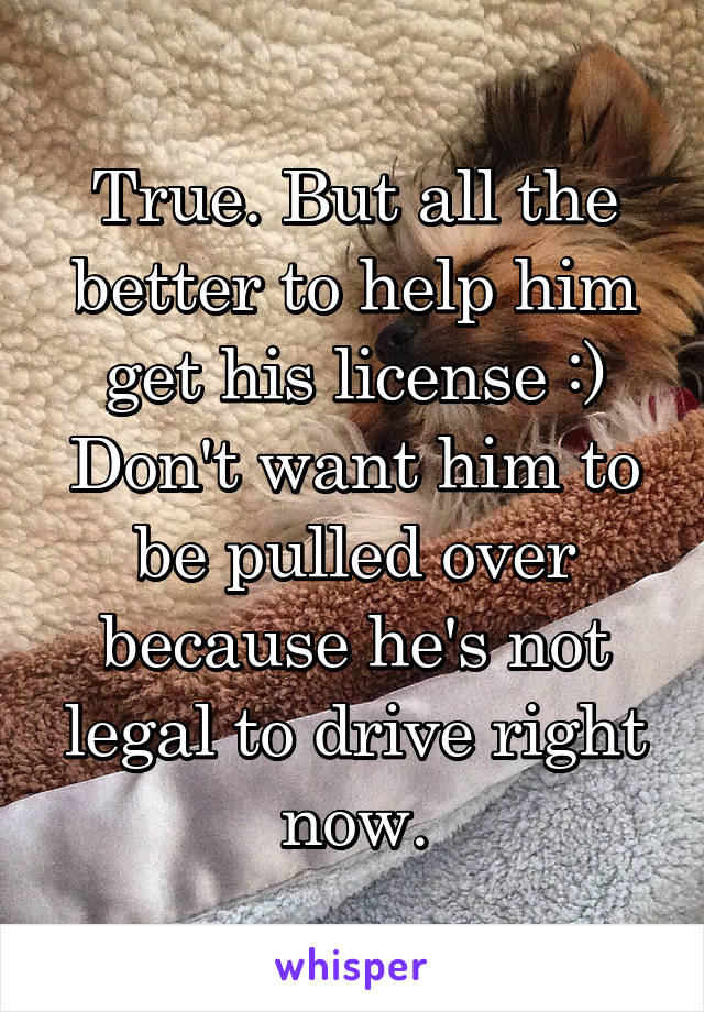 True. But all the better to help him get his license :)
Don't want him to be pulled over because he's not legal to drive right now.