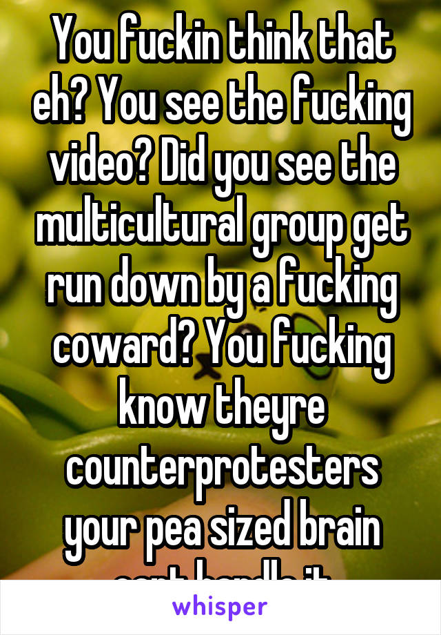 You fuckin think that eh? You see the fucking video? Did you see the multicultural group get run down by a fucking coward? You fucking know theyre counterprotesters your pea sized brain cant handle it