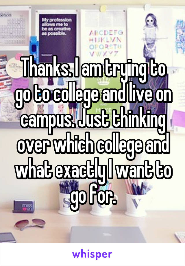 Thanks. I am trying to go to college and live on campus. Just thinking over which college and what exactly I want to go for.