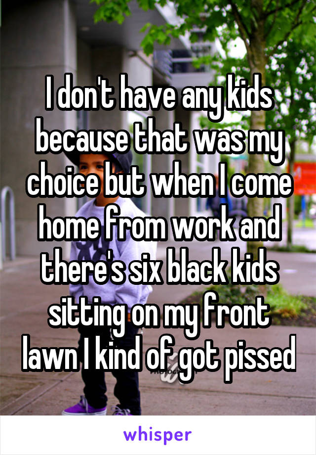 I don't have any kids because that was my choice but when I come home from work and there's six black kids sitting on my front lawn I kind of got pissed