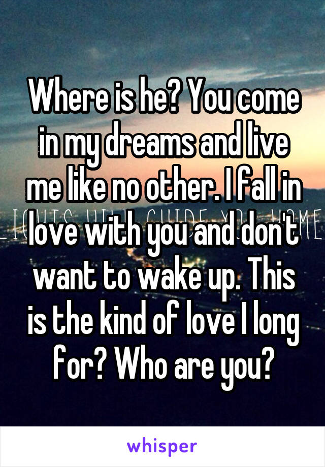 Where is he? You come in my dreams and live me like no other. I fall in love with you and don't want to wake up. This is the kind of love I long for? Who are you?
