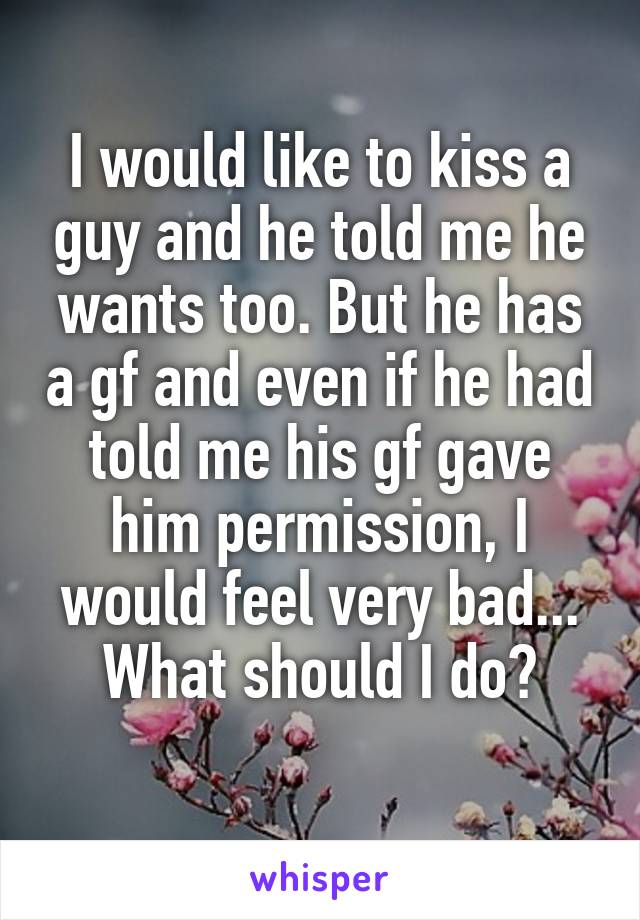I would like to kiss a guy and he told me he wants too. But he has a gf and even if he had told me his gf gave him permission, I would feel very bad... What should I do?
