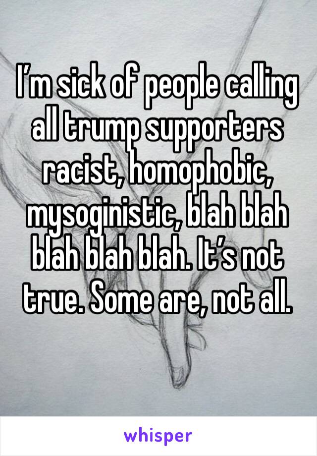 I’m sick of people calling all trump supporters racist, homophobic, mysoginistic, blah blah blah blah blah. It’s not true. Some are, not all.