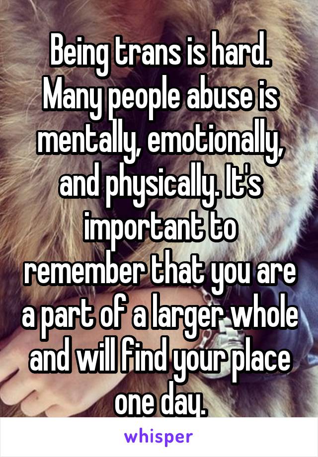Being trans is hard. Many people abuse is mentally, emotionally, and physically. It's important to remember that you are a part of a larger whole and will find your place one day.