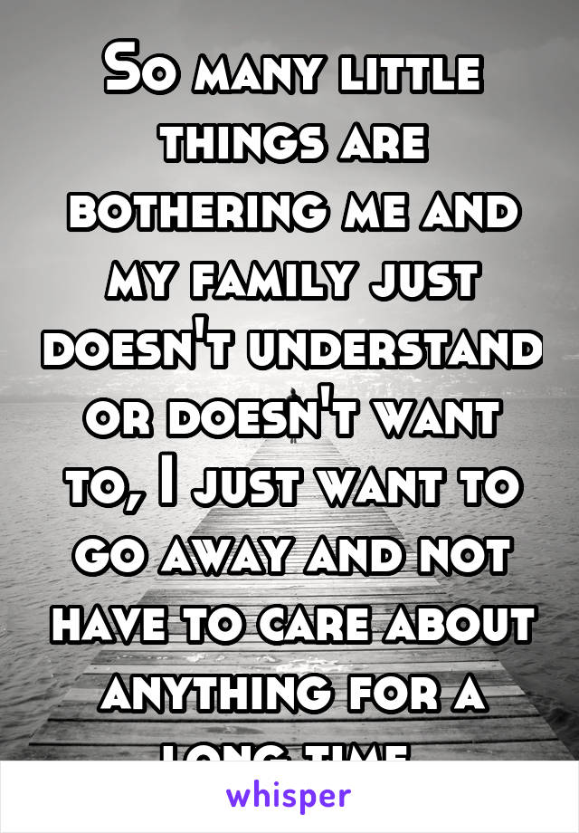 So many little things are bothering me and my family just doesn't understand or doesn't want to, I just want to go away and not have to care about anything for a long time 