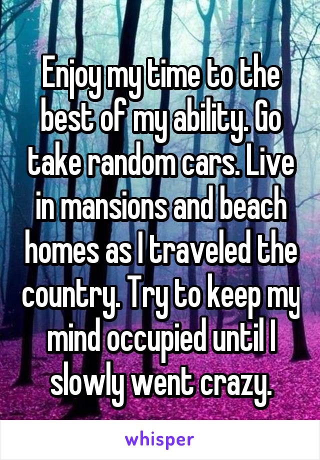 Enjoy my time to the best of my ability. Go take random cars. Live in mansions and beach homes as I traveled the country. Try to keep my mind occupied until I slowly went crazy.