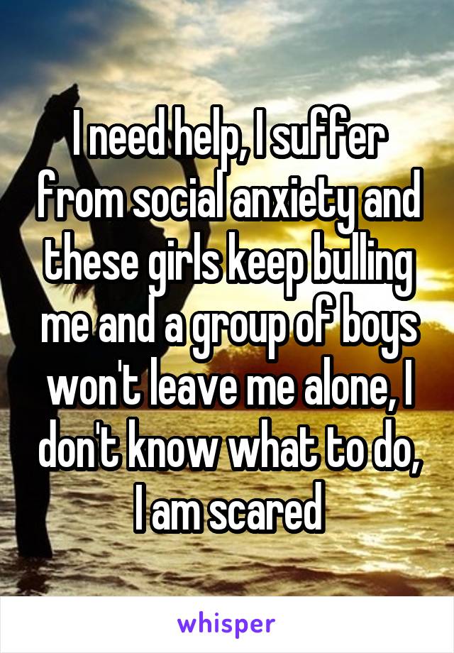 I need help, I suffer from social anxiety and these girls keep bulling me and a group of boys won't leave me alone, I don't know what to do, I am scared