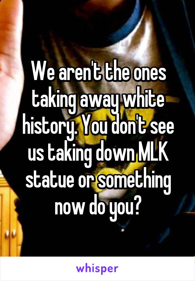 We aren't the ones taking away white history. You don't see us taking down MLK statue or something now do you?