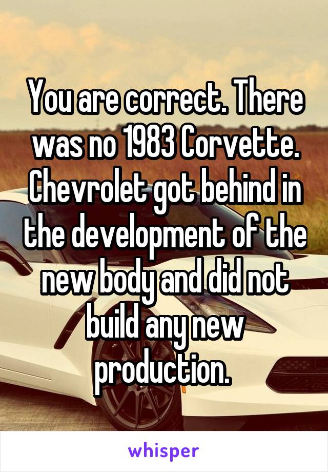 You are correct. There was no 1983 Corvette. Chevrolet got behind in the development of the new body and did not build any new production. 