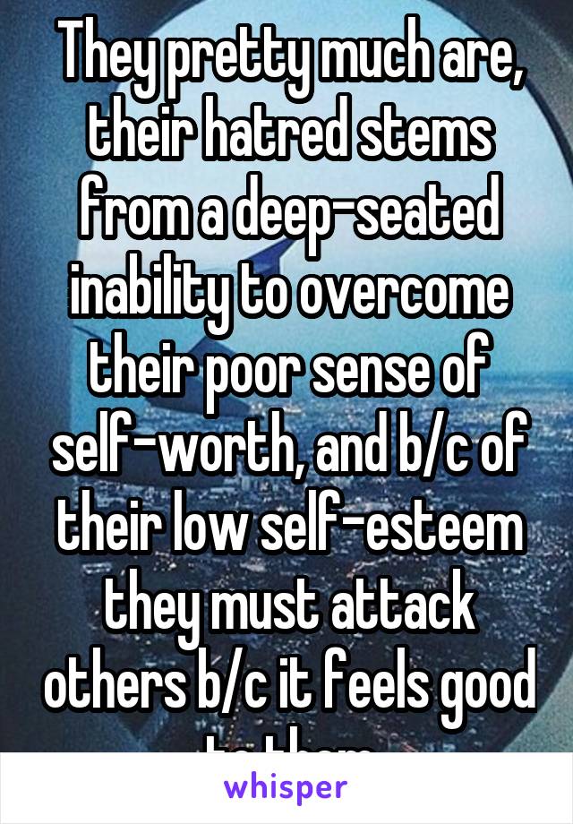 They pretty much are, their hatred stems from a deep-seated inability to overcome their poor sense of self-worth, and b/c of their low self-esteem they must attack others b/c it feels good to them