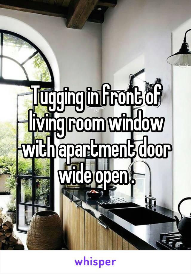Tugging in front of living room window with apartment door wide open .