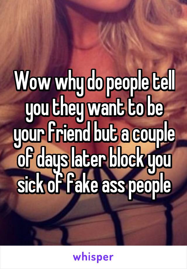 Wow why do people tell you they want to be your friend but a couple of days later block you sick of fake ass people