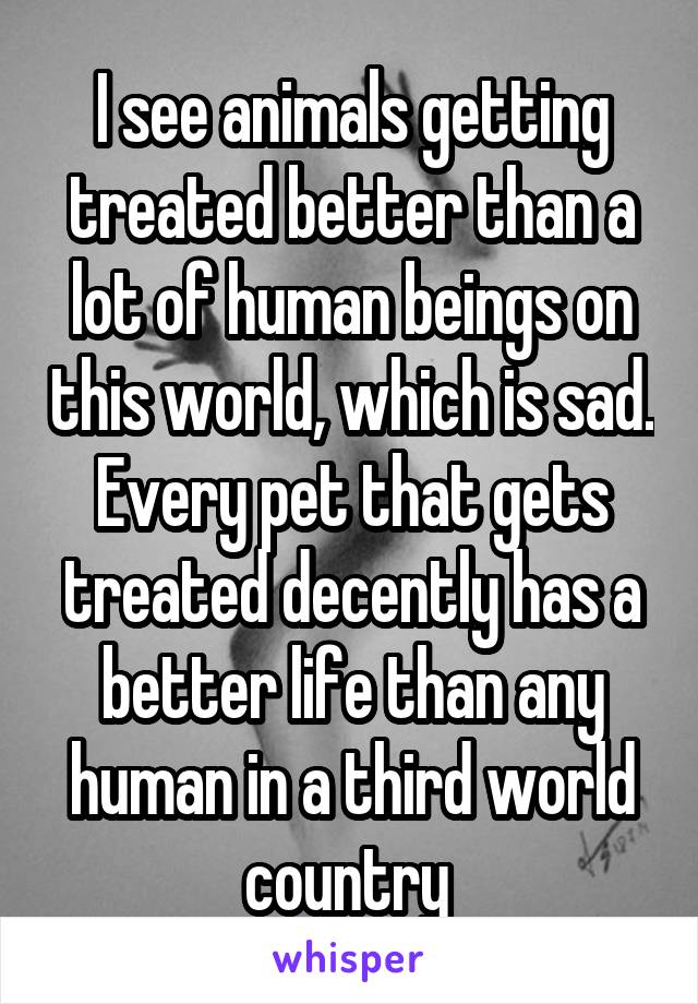 I see animals getting treated better than a lot of human beings on this world, which is sad. Every pet that gets treated decently has a better life than any human in a third world country 