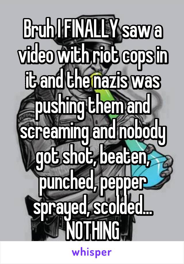 Bruh I FINALLY saw a video with riot cops in it and the nazis was pushing them and screaming and nobody got shot, beaten, punched, pepper sprayed, scolded... NOTHING
