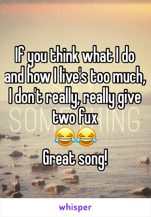 If you think what I do and how I live's too much, I don't really, really give two fux 
😂😂
Great song!