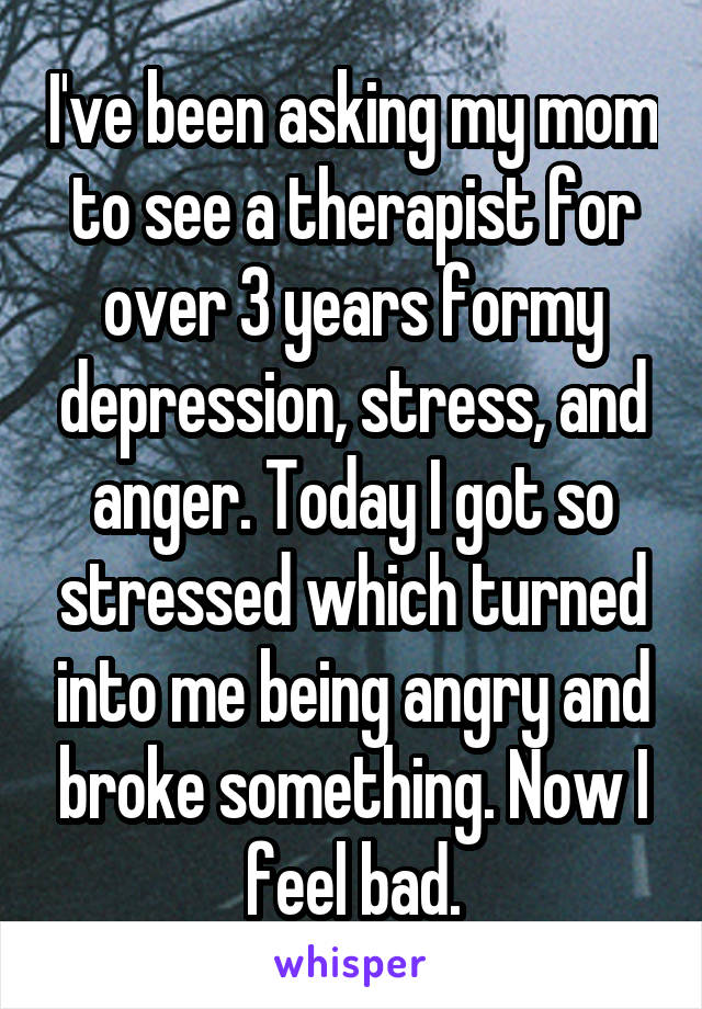 I've been asking my mom to see a therapist for over 3 years formy depression, stress, and anger. Today I got so stressed which turned into me being angry and broke something. Now I feel bad.