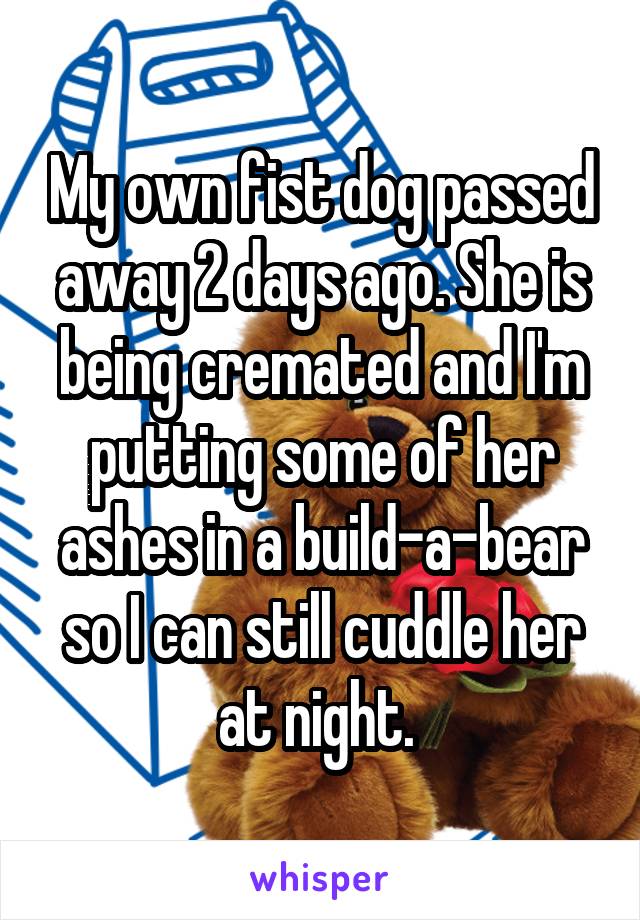 My own fist dog passed away 2 days ago. She is being cremated and I'm putting some of her ashes in a build-a-bear so I can still cuddle her at night. 