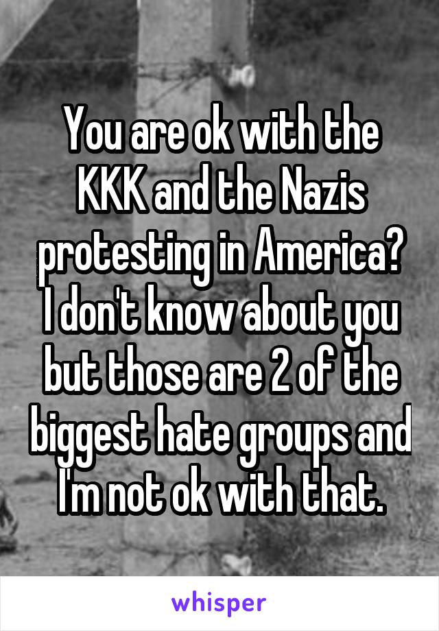 You are ok with the KKK and the Nazis protesting in America?
I don't know about you but those are 2 of the biggest hate groups and I'm not ok with that.