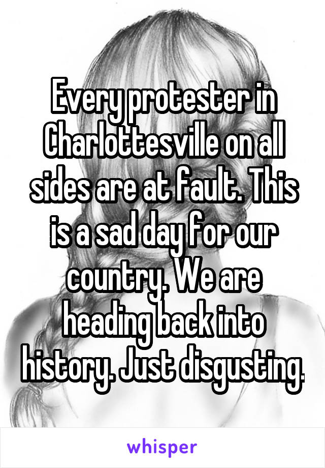 Every protester in Charlottesville on all sides are at fault. This is a sad day for our country. We are heading back into history. Just disgusting.