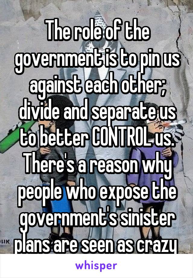 The role of the government is to pin us against each other; divide and separate us to better CONTROL us. There's a reason why people who expose the government's sinister plans are seen as crazy 