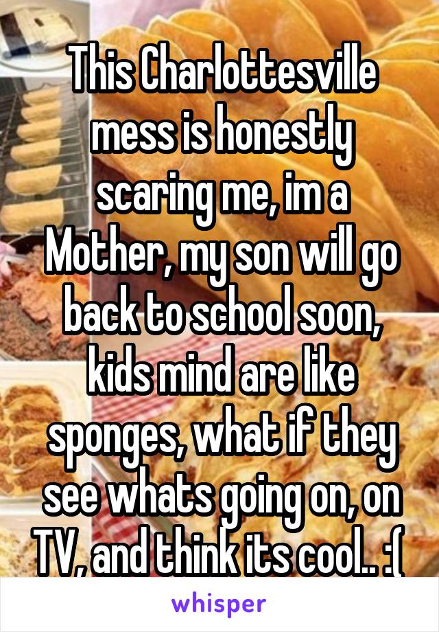 This Charlottesville mess is honestly scaring me, im a Mother, my son will go back to school soon, kids mind are like sponges, what if they see whats going on, on TV, and think its cool.. :( 