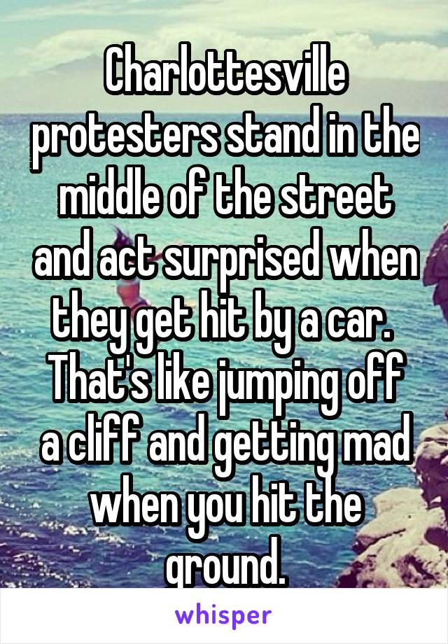 Charlottesville protesters stand in the middle of the street and act surprised when they get hit by a car. 
That's like jumping off a cliff and getting mad when you hit the ground.