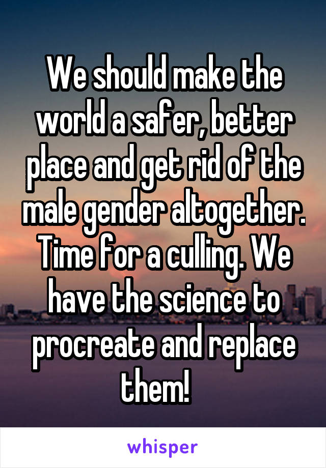 We should make the world a safer, better place and get rid of the male gender altogether. Time for a culling. We have the science to procreate and replace them!   