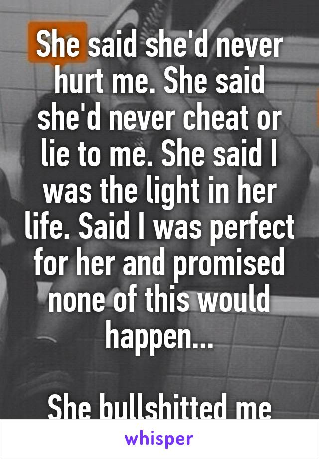 She said she'd never hurt me. She said she'd never cheat or lie to me. She said I was the light in her life. Said I was perfect for her and promised none of this would happen...

She bullshitted me