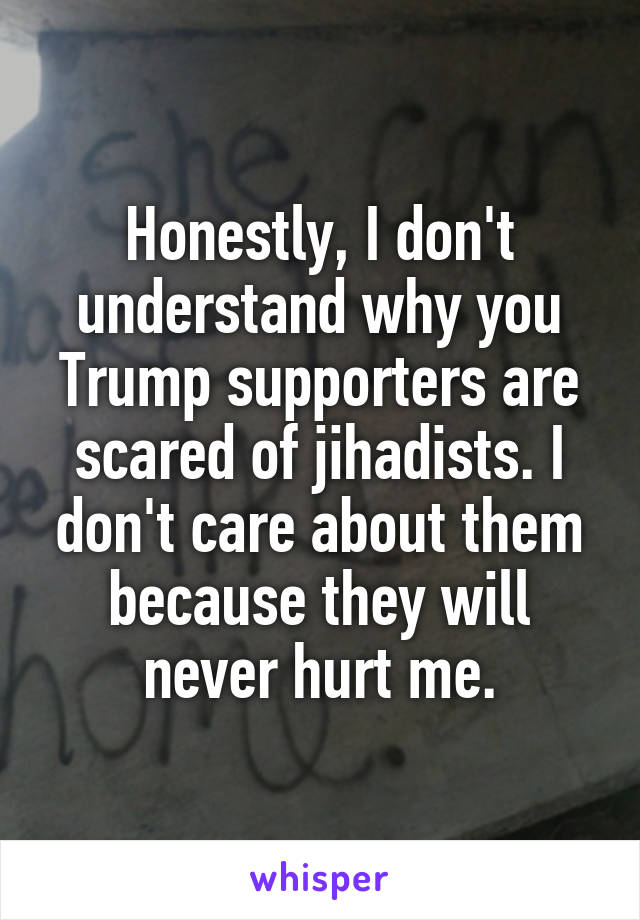 Honestly, I don't understand why you Trump supporters are scared of jihadists. I don't care about them because they will never hurt me.
