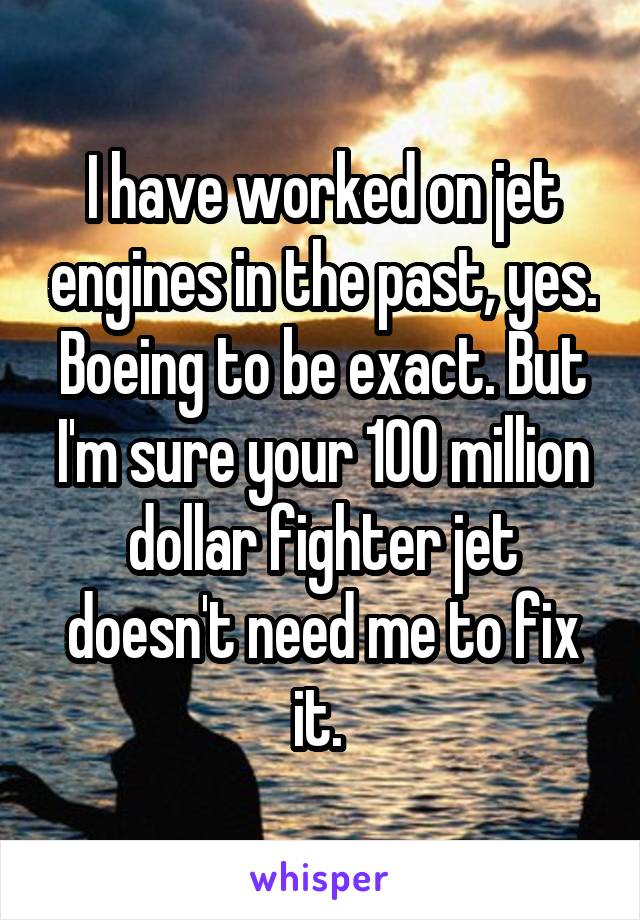 I have worked on jet engines in the past, yes. Boeing to be exact. But I'm sure your 100 million dollar fighter jet doesn't need me to fix it. 