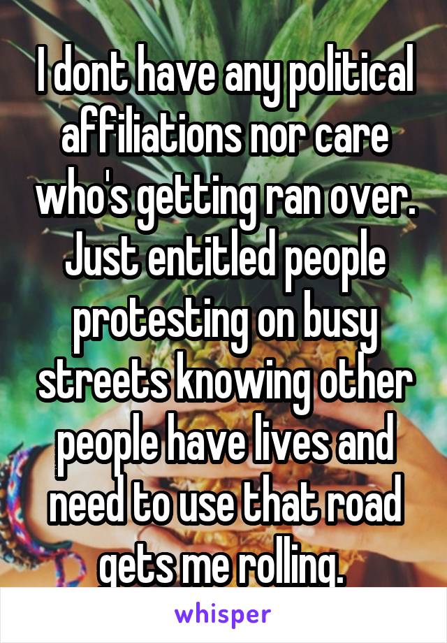 I dont have any political affiliations nor care who's getting ran over. Just entitled people protesting on busy streets knowing other people have lives and need to use that road gets me rolling. 