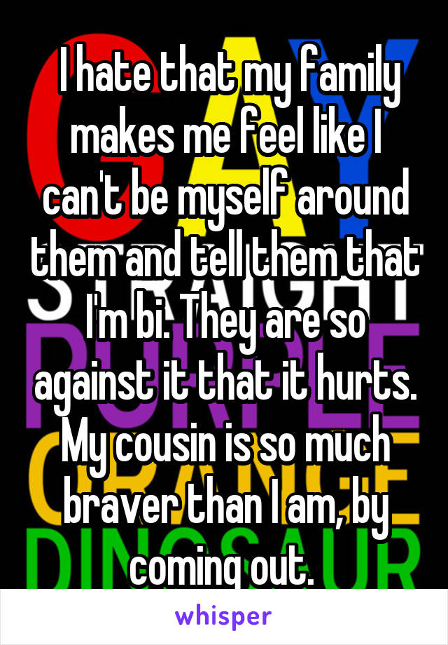  I hate that my family makes me feel like I can't be myself around them and tell them that I'm bi. They are so against it that it hurts. My cousin is so much braver than I am, by coming out. 