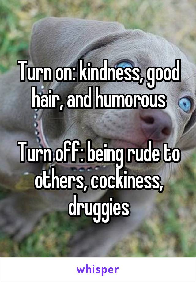 Turn on: kindness, good hair, and humorous

Turn off: being rude to others, cockiness, druggies