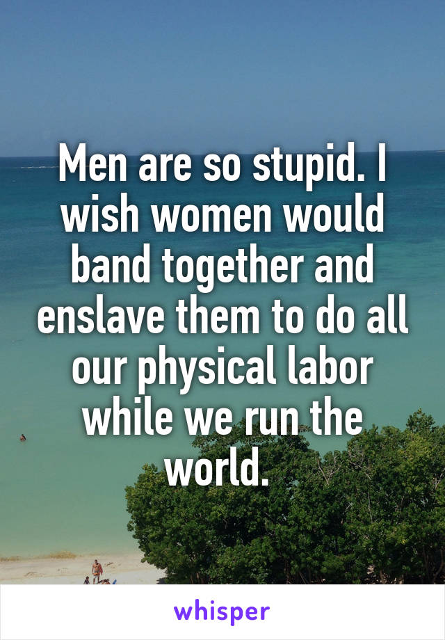 Men are so stupid. I wish women would band together and enslave them to do all our physical labor while we run the world. 