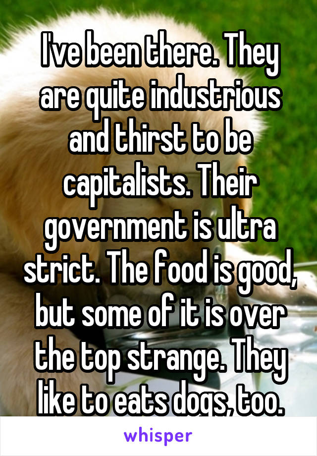 I've been there. They are quite industrious and thirst to be capitalists. Their government is ultra strict. The food is good, but some of it is over the top strange. They like to eats dogs, too.