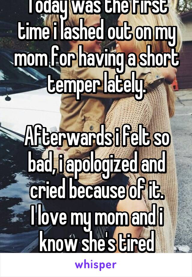 Today was the first time i lashed out on my mom for having a short temper lately.

Afterwards i felt so bad, i apologized and cried because of it.
I love my mom and i know she's tired sometimes