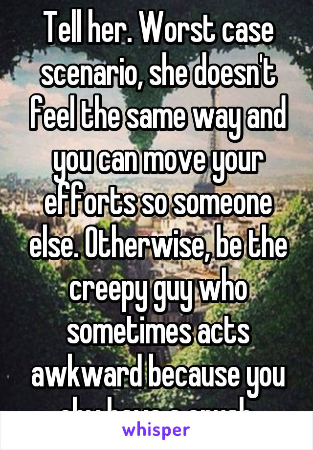 Tell her. Worst case scenario, she doesn't feel the same way and you can move your efforts so someone else. Otherwise, be the creepy guy who sometimes acts awkward because you obv have a crush.